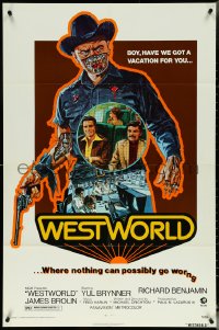 5f1165 WESTWORLD 1sh 1973 Crichton, Neal Adams art of Yul Brynner, tagline with orange shadow!