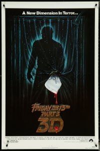 5g0775 FRIDAY THE 13th PART 3 - 3D 1sh 1982 slasher sequel, art of Jason stabbing through shower!