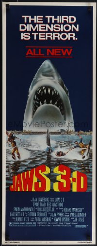 5g0088 JAWS 3-D insert 1983 Dennis Quaid, great Gary Meyer shark art, the third dimension is terror!