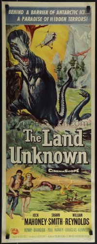 5g0091 LAND UNKNOWN insert 1957 a paradise of hidden terrors, great art of dinosaurs!