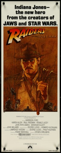 5g0121 RAIDERS OF THE LOST ARK int'l insert 1981 art of adventurer Harrison Ford by Richard Amsel!