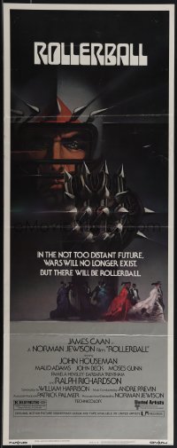 5g0127 ROLLERBALL insert 1975 James Caan in a future where war does not exist, Bob Peak art!