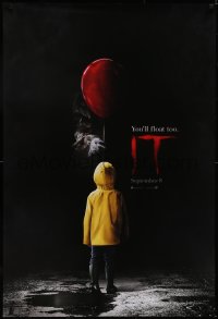 5g0849 IT teaser DS 1sh 2017 creepy image of Pennywise handing child balloon, you'll float too!