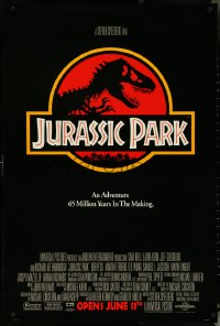 5g0856 JURASSIC PARK advance 1sh 1993 Steven Spielberg, classic logo with T-Rex over red background!