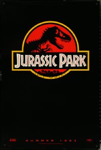 5g0855 JURASSIC PARK teaser 1sh 1993 Steven Spielberg, logo with T-Rex over red background!