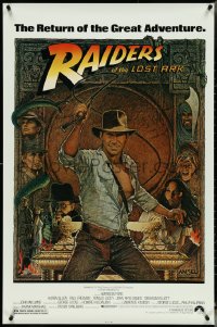 5g0946 RAIDERS OF THE LOST ARK 1sh R1980s great Richard Amsel art of adventurer Harrison Ford!