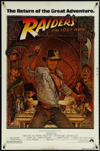 5g0948 RAIDERS OF THE LOST ARK printer's test 1sh R1982 Amsel art of adventurer Harrison Ford!