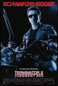 5g1047 TERMINATOR 2 advance DS 1sh 1991 Arnold Schwarzenegger on motorcycle with shotgun!