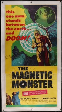 5h0365 MAGNETIC MONSTER linen 3sh 1953 this one man stands between the Earth & DOOM, ultra rare!