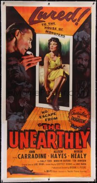 5h0367 UNEARTHLY linen 3sh 1957 John Carradine & sexy Allison Hayes lured to the house of monsters!