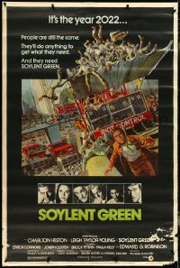 5h0245 SOYLENT GREEN 40x60 1973 art of Charlton Heston trying to escape riot control by John Solie!