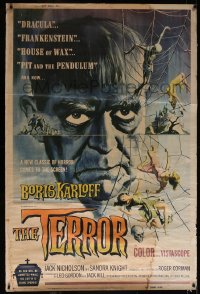 5h0250 TERROR 40x60 1963 art of Boris Karloff & girls in web by Reynold Brown, Roger Corman!