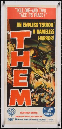 5h0383 THEM linen Aust daybill 1954 classic sci-fi, cool art of giant bugs terrorizing people, rare!