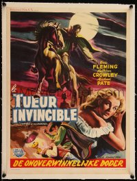 5h0604 CURSE OF THE UNDEAD linen Belgian 1959 art of lustful fiend on horseback in graveyard!