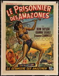 5h0670 LOVE-SLAVES OF THE AMAZONS linen Belgian 1957 art of sexy barely-dressed native throwing spear!