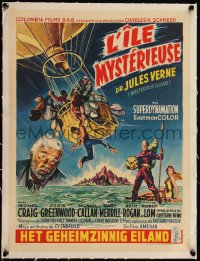 5h0683 MYSTERIOUS ISLAND linen Belgian 1964 Ray Harryhausen, Jules Verne sci-fi, cool hot-air balloon image!