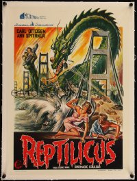 5h0698 REPTILICUS linen Belgian 1962 indestructible 50 million year-old giant lizard destroys bridge!