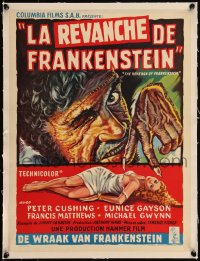 5h0702 REVENGE OF FRANKENSTEIN linen Belgian 1958 Peter Cushing in greatest horrorama, monster art!