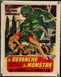 5h0703 REVENGE OF THE CREATURE signed linen Belgian 1955 by Lori Nelson, great art of monster & girl!