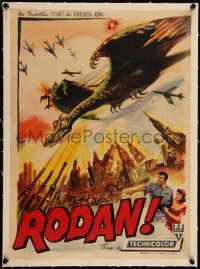 5h0706 RODAN linen Belgian 1956 Ishiro Honda, great art of The Flying Monster over Fukuoka!