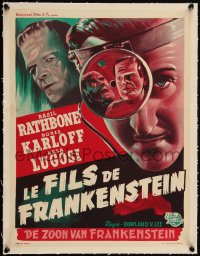 5h0712 SON OF FRANKENSTEIN linen Belgian R1950s art of monster Boris Karloff, Bela Lugosi & Rathbone!