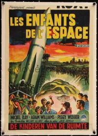 5h0714 SPACE CHILDREN linen Belgian 1958 great sci-fi art of kids, rocket & giant alien brain, rare!