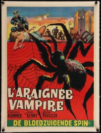 5h0715 SPIDER linen Belgian 1958 Bert I. Gordon, cool different Wik art of giant arachnid attacking!