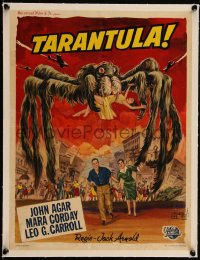 5h0720 TARANTULA linen Belgian 1955 Jack Arnold, art of town running from 100ft high spider monster!