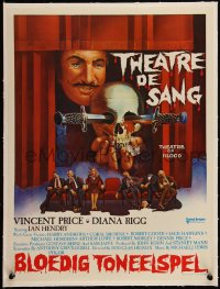 5h0721 THEATRE OF BLOOD linen Belgian 1973 art of Vincent Price holding bloody skull w/dead audience