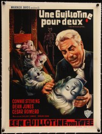 5h0730 TWO ON A GUILLOTINE linen Belgian 1965 art of Cesar Romero with severed heads & guillotine!