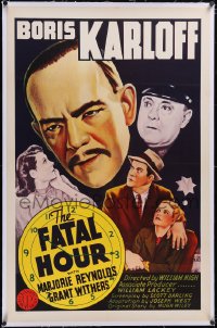 5h0465 FATAL HOUR linen 1sh R1950 cool artwork of Boris Karloff as Asian detective Mr. Wong!