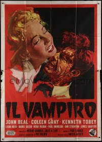 5h0194 VAMPIRE Italian 2p 1959 best different art of monster John Beal attacking victim!