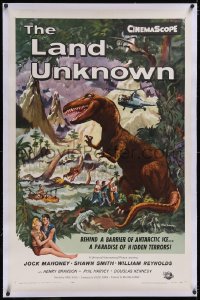 5h0487 LAND UNKNOWN linen 1sh 1957 paradise of hidden terrors, great art of dinosaurs by Ken Sawyer!