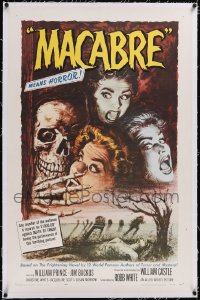 5h0490 MACABRE linen 1sh 1958 William Castle, Besser art of skeleton & screaming girls in graveyard!