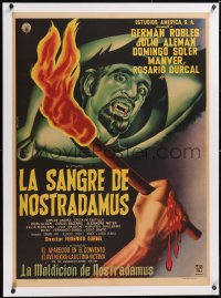 5h0420 LA SANGRE DE NOSTRADAMUS linen Mexican poster 1962 German Robles, cool Mendoza vampire art!