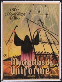 5h0425 MUCHACHAS DE UNIFORME linen Mexican poster 1951 very misleading spooky Ocampo art, lesbians!