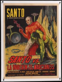 5h0433 SANTO VS. LA INVASION DE LOS MARCIANOS linen Mexican poster 1967 masked wrestler in space!