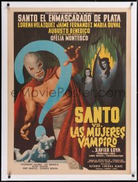 5h0432 SANTO VS LAS MUJERES VAMPIRO linen Mexican poster 1962 cool Mendoza masked wrestler art!