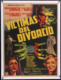 5h0435 VICTIMAS DEL DIVORCIO linen Mexican poster 1952 Ramon Armengod, art of creepy monster hands!