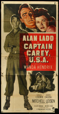 5j0628 CAPTAIN CAREY, U.S.A. 3sh 1950 full-length WWII soldier Alan Ladd + close up art, Mona Lisa!