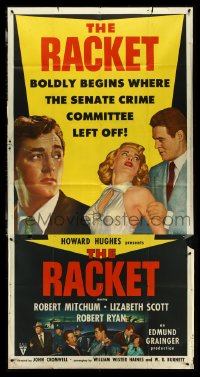 5j0655 RACKET 3sh 1951 Robert Ryan grabs sexy Lizabeth Scott, Robert Mitchum, Howard Hughes