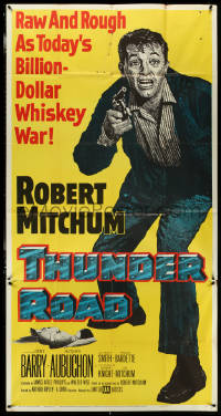 5j0668 THUNDER ROAD 3sh 1958 great full-length artwork of moonshiner Robert Mitchum with gun!