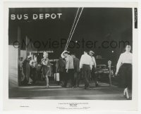 5j1740 BUS STOP 8x10 still 1956 cool long shot of sexy Marilyn Monroe standing outside Bus Depot!