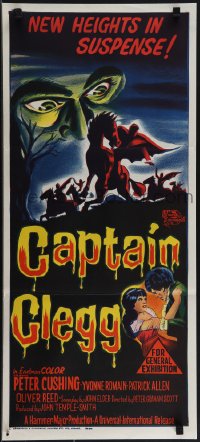 5j0758 CAPTAIN CLEGG Aust daybill 1962 Hammer, great horror art of skeletons riding skeleton horses!