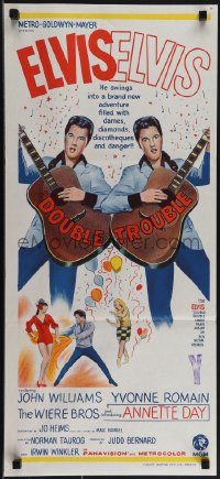 5j0769 DOUBLE TROUBLE Aust daybill 1967 cool mirror image of rockin' Elvis Presley playing guitar!