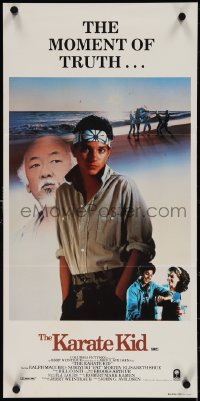 5j0781 KARATE KID Aust daybill 1984 Pat Morita, Ralph Macchio & Elisabeth Shue, brown title style!