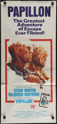 5j0796 PAPILLON Aust daybill 1974 art of prisoners Steve McQueen & Dustin Hoffman by Tom Jung!