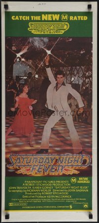 5j0802 SATURDAY NIGHT FEVER Aust daybill 1977 disco dancer John Travolta & Karen Gorney, M-rated!