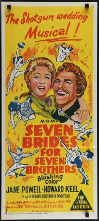 5j0804 SEVEN BRIDES FOR SEVEN BROTHERS Aust daybill R1962 art of Jane Powell & Howard Keel, classic musical!