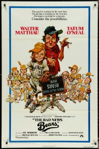 5j0846 BAD NEWS BEARS 1sh 1976 Jack Davis art, Walter Matthau coaches baseball player Tatum O'Neal!